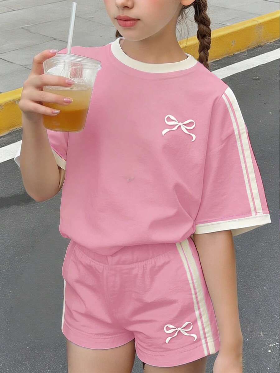 2件組少女粉色可愛夏季套裝,休閒蝴蝶結裝飾條紋短袖T恤與短褲套裝,返校季少女圖案服飾 - 彩色 - 查看 1