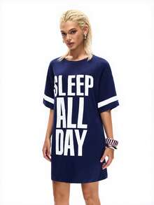 口号图案落肩睡衣睡裙 - 藏蓝色 - 查看 5