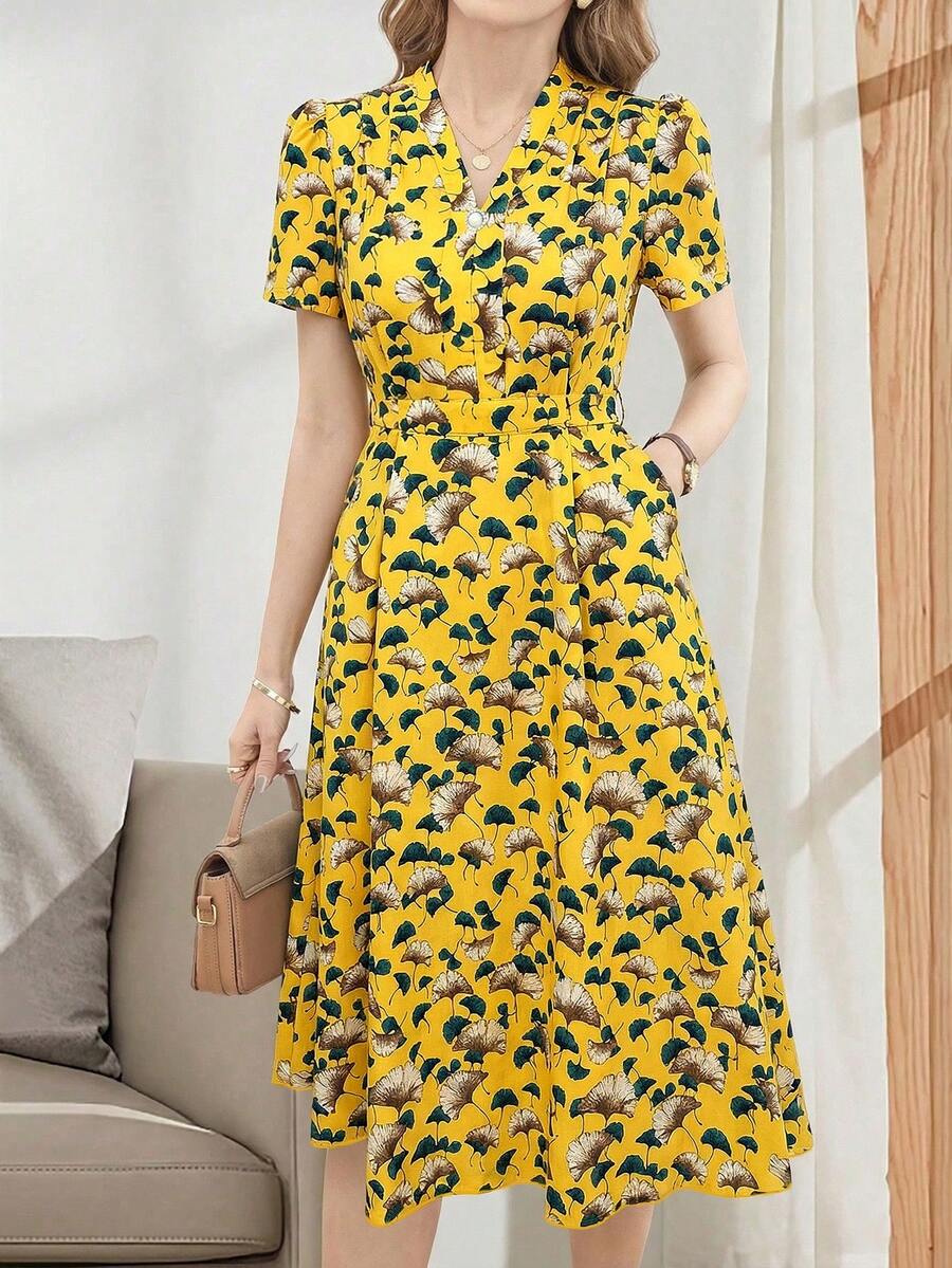 EMERY ROSE Đầm midi tay ngắn cổ chữ V thắt nơ thanh lịch, thoải mái dành cho nữ - Màu vàng - Xem 1