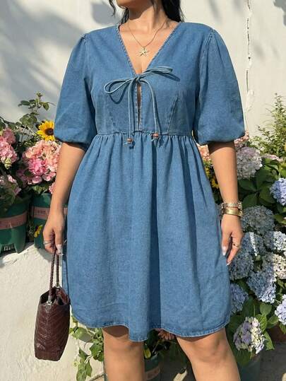 GalTyme 大码休闲水洗抽绳牛仔连衣裙