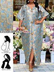 SHEIN CURVE+ Đầm dài tay thanh lịch, in họa tiết cổ điển, tối giản, kiểu dáng truyền thống, thích hợp mặc vào mùa xuân và mùa hè. Đầm dài tay trang nhã, cỡ lớn, thiết kế cổ tròn, thích hợp mặc vào mùa xuân. - màu đen - Xem 1