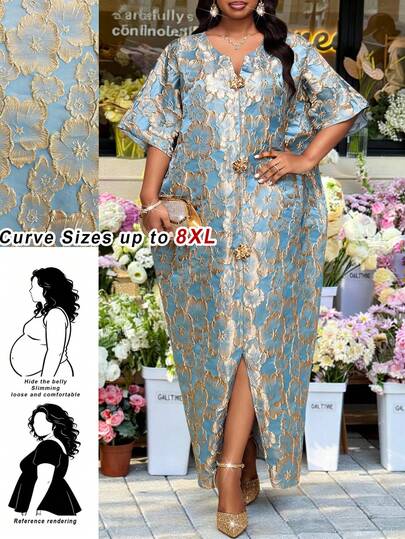 SHEIN CURVE+ 优雅复古印花休闲简约传统长袖阿拉伯连衣裙，适合春夏穿着'} {'translate_en':'优雅端庄的长袖连衣裙，加大码圆领设计，适合春季穿着