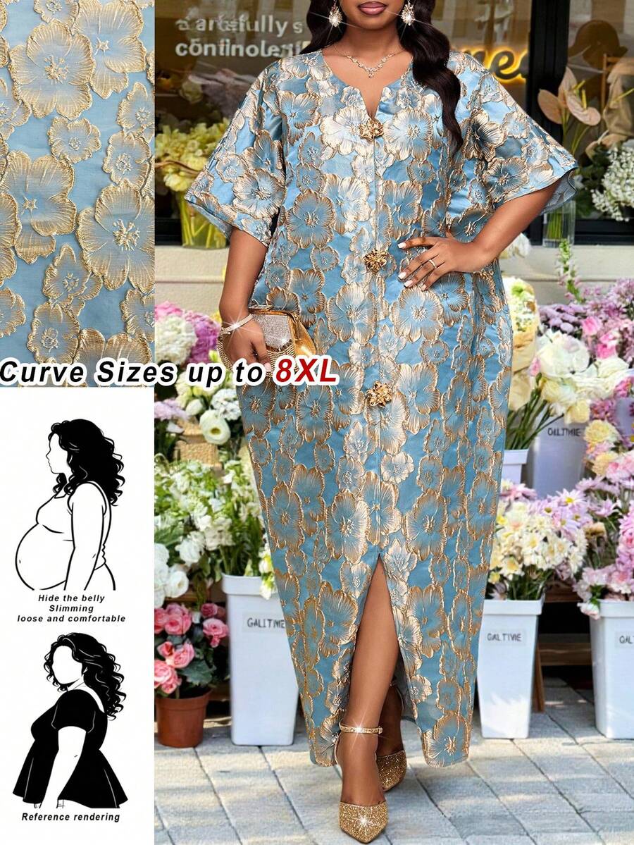 SHEIN CURVE+ Đầm dài tay thanh lịch, in họa tiết cổ điển, tối giản, kiểu dáng truyền thống, thích hợp mặc vào mùa xuân và mùa hè. Đầm dài tay trang nhã, cỡ lớn, thiết kế cổ tròn, thích hợp mặc vào mùa xuân. - màu đen - Xem 1