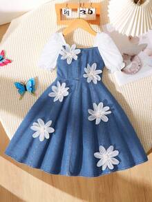 Đầm denim phối nơ mùa hè cho bé gái, tay phồng ngắn, dáng lửng, thích hợp mặc hàng ngày. - Màu xanh lam - Xem 5