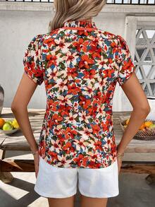 SHEIN Clasi Camisa de vacaciones con cuello de corbata y estampado floral naranja para mujer - Naranja Coral - Ver 2