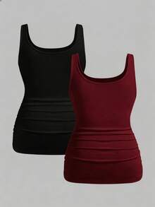 EMERY ROSE 2pcs Plus Size Women Vacation Casual Black & Burgundy Scoop Neck Ruched Waist Bodycon Tank Top Set, Suitable For Daily Wear, Versatile, Y2K - Multicolor - View 2