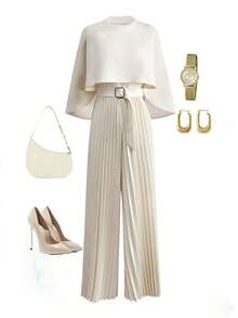 Pariaura 女士夏季法式优雅设计圆领披肩领金属扣腰带束腰休闲褶裥连体裤杏色 - 杏色 - 查看 4