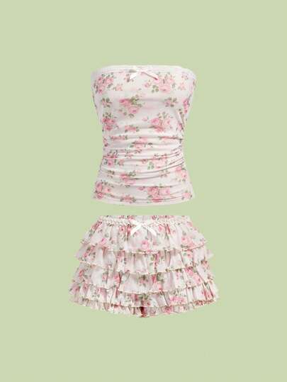 ROMWE J-Fashion 2件套 女士甜美碎花短裤