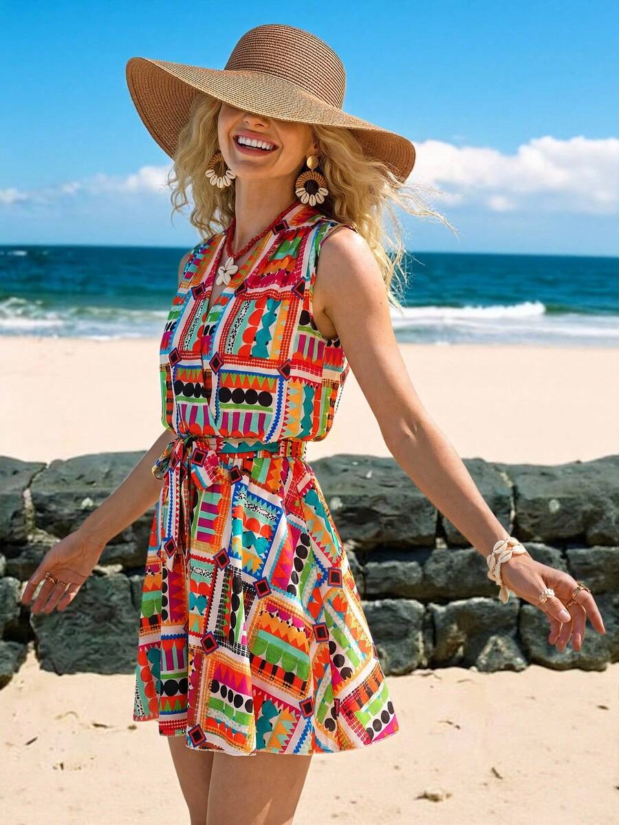 Sylviya Women's Sleeveless Vacation Floral Print Waist Tie Dress Summer Outfits For Women Summer Dress Summer Clothes Beach Outfit For Women Casual Dresses For Women Vacation Outfits Women Summer Holiday Outfits Vacation Dresses, Floral Dresses For Women Cruise Outfit For Women Bohemian Clothes For Women,Summer Dresses For Women - Multicolor - View 1