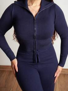 Lupita Cardoza 2 件套女士海军蓝拉链开衫和针织裤休闲套装、毛衣套装，秋冬 - 寶藍色 - 查看 3