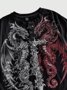 ROMWE MEN Goth 男士休闲宽松亨利领印花T恤，夏季款 - 黑色 - 查看 2