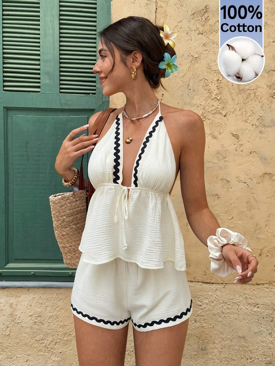 Serisse 新款春夏纯棉撞色荷叶边女士套装