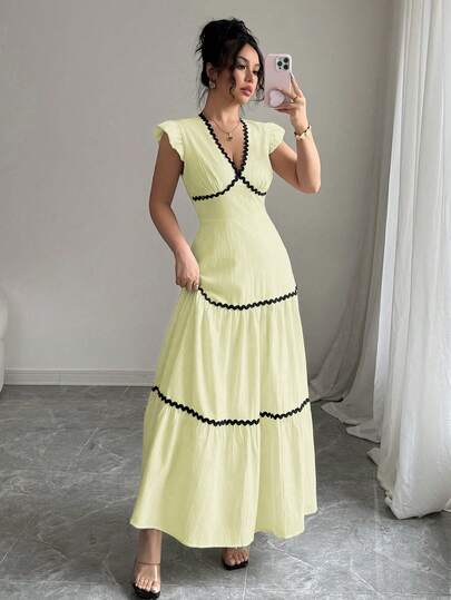 Rafferiza Đầm dáng chữ A, cổ chữ V, tay ngắn xếp bèo, viền tương phản, chất liệu vải dệt họa tiết, màu mơ, dành cho nữ, mùa xuân/hè.