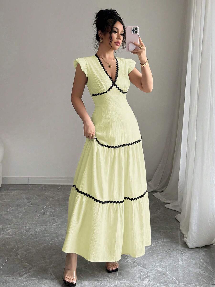 Rafferiza Đầm dáng chữ A, cổ chữ V, tay ngắn xếp bèo, viền tương phản, chất liệu vải dệt họa tiết, màu mơ, dành cho nữ, mùa xuân/hè. - Màu vàng - Xem 1