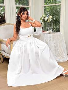 Celure Elegant Plus Size White Engagement Wedding Dress With Halter Neck Sleeveless Long Flared Design And Gold Button Detail - White - View 5