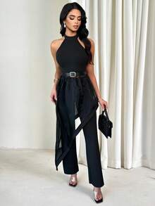 SHEIN LUNE 1 Bộ đồ nữ gồm áo dài cổ yếm thắt nơ, vạt áo bất đối xứng và quần dài ống đứng. - màu đen - Xem 7