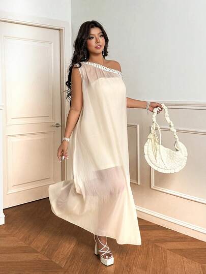 Vionelle Plus Size Women Elegant Romantic Chiffon Flowy Off-Shoulder Dress