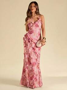 SHEIN BAE Vestido de sirena con cuello en V de jacquard floral, volantes en el bajo, vestido floral, vestido de cita, vestido de boda, primavera/verano - Rosa - Ver 9