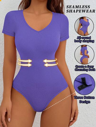 SHEIN Women Casual Solid Color V-Neck T-Shirt Body Suit , Briefs With Buckle Design ,Ribbed Tummy Control Seamless Bodysuit