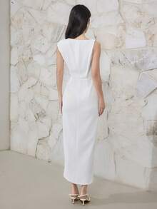 Heiryn This New, Uniquely Designed Dress Features An Asymmetrical Twisted Neckline, Asymmetrical Waist With Pleats, And An Elegant, Sophisticated Look Perfect For Commuting. - White - View 6