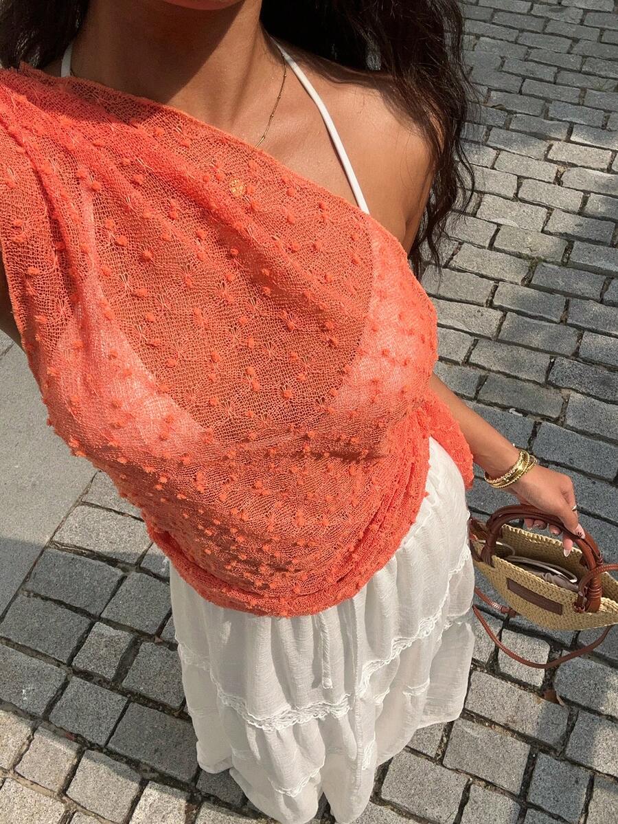 SHEIN Holidaya Sexy Sheer One-Shoulder Backless Top For Summer Vacation & Date - Orange - View 1