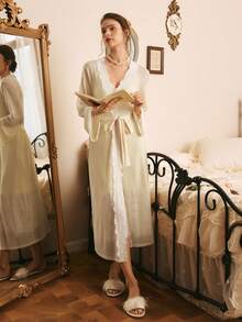 Côtesoire Women's Elegant Lace Patchwork Camisole Nightgown And Robe Set With Waist Tie, Suitable For Spring And Autumn - Yellow - View 6