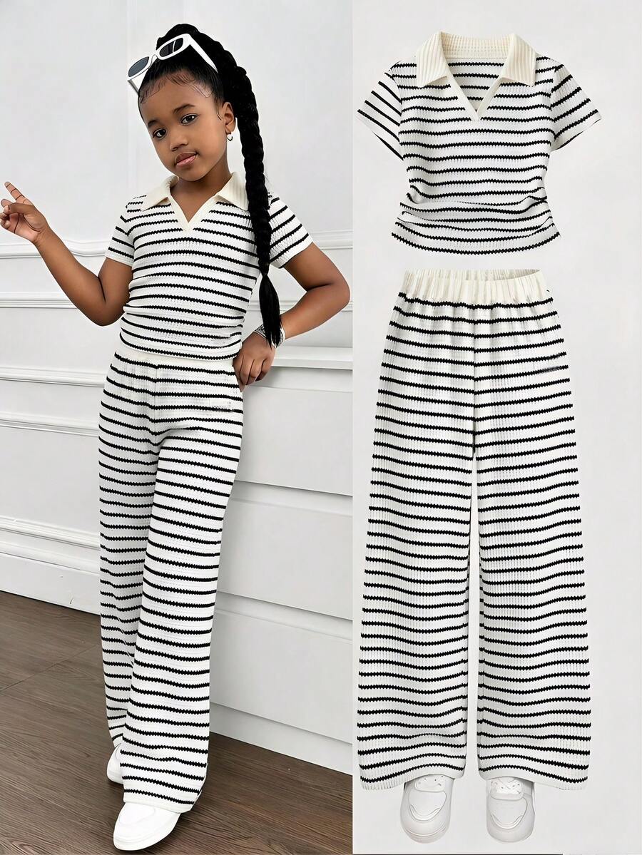 SHEIN Bộ áo thun cổ bẻ kẻ sọc phối màu thường ngày dành cho bé gái tuổi teen. - Đen và trắng - Xem 1