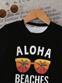 Bộ đồ thể thao mùa hè cho bé trai gồm áo thun ngắn tay và quần short in hình cây dừa và chữ "ALOHA BEACHES", thích hợp cho dã ngoại, đi biển, nghỉ mát và sinh hoạt thường ngày. - Nhiều màu - Xem 8
