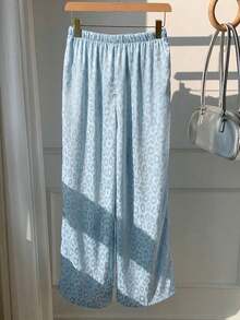 SHEIN EZwear 女士休闲浅蓝色豹纹抽绳腰宽松阔腿裤 - 藍色 - 查看 2