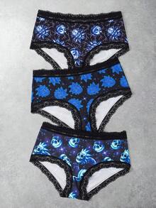 Rick and Morty X SHEIN 3pcs Women's Lace Trim Black Series Panties, Dark Style - Black - View 1