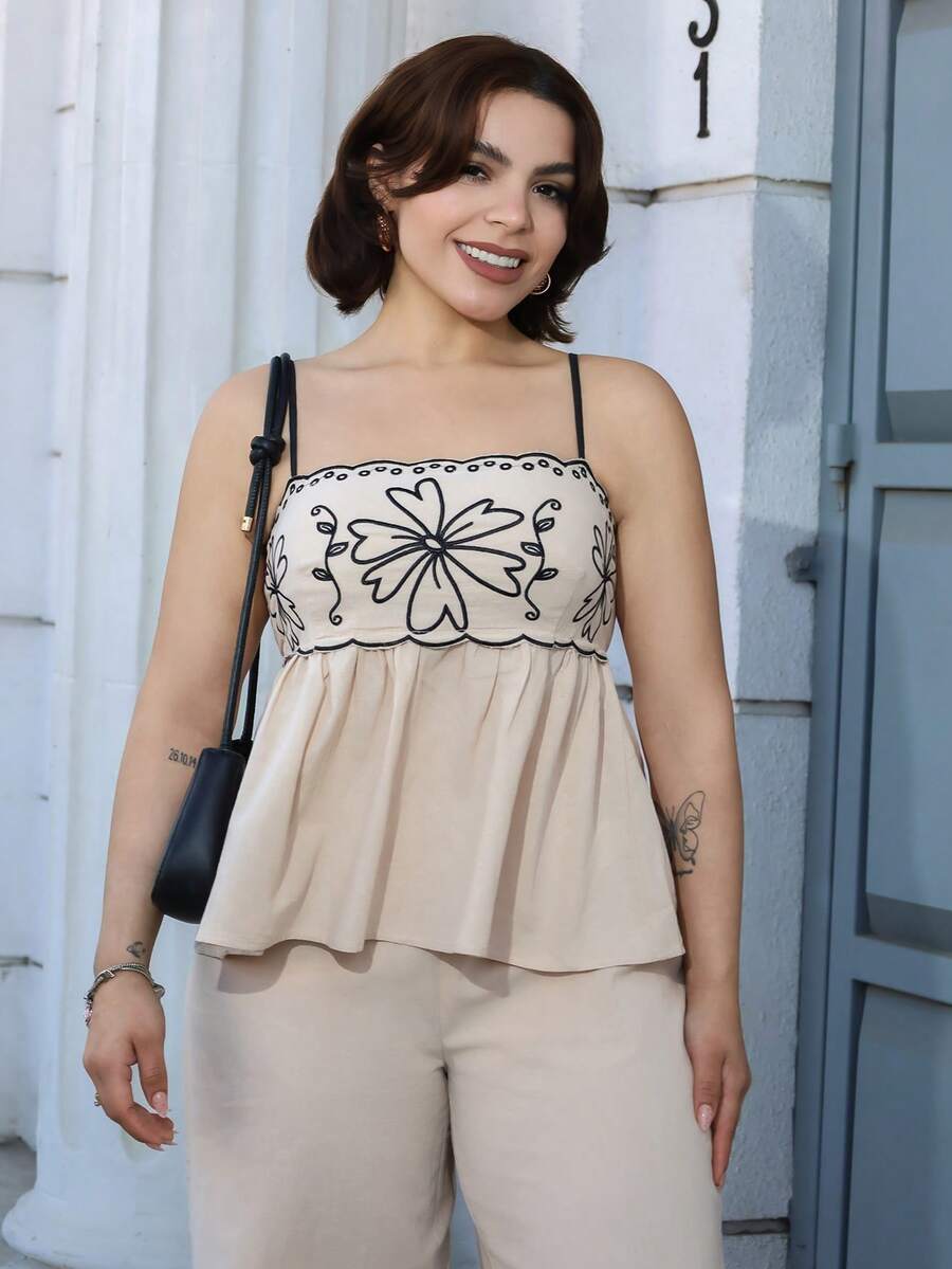 Lupita Cardoza 2件套女士刺绣吊带背心和长裤休闲套装 - 杏色 - 查看 1