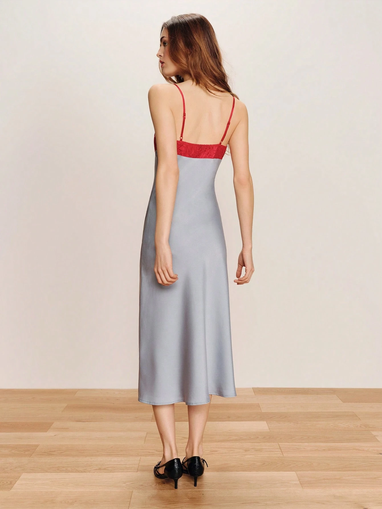 Vintage Inspired Blue Satin Midi Slip Dress With Contrast Red Lace Bust Vacation Dress Holiday Dress Festival Dress Party Dress Spring Summer French Style Parisian Style