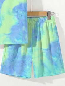 Tween Boy Blue Summer Streetwear Holiday Vacation Tie-Dye Tank Top And Shorts 2-Piece Set,Casual Sporty Beach Style Loose Soft Comfortable Outfit - Multicolor - View 5