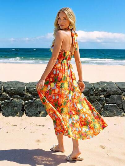 SHEIN LUNE 女士休闲印花露背度假连衣裙