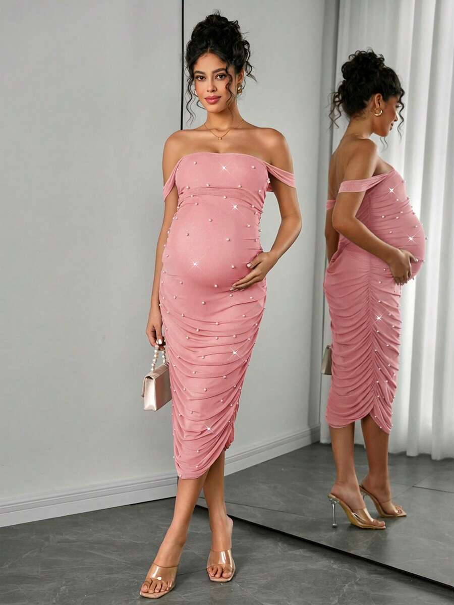 SHEIN Đầm bầu thanh lịch, đầm dạ hội sang trọng cho đám cưới, đầm đính ngọc trai giả, đầm bầu màu mơ - Màu Hồng baby - Xem 1