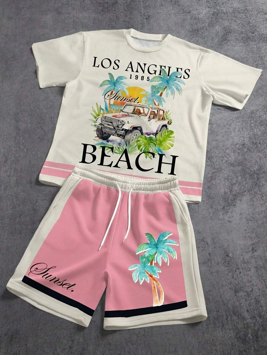 Manfinity ZONE917 Men's Round Neck Letter & Palm Tree Print Short Sleeve T-Shirt And Drawstring Waist Shorts Casual Daily Outfit - Pink - View 1
