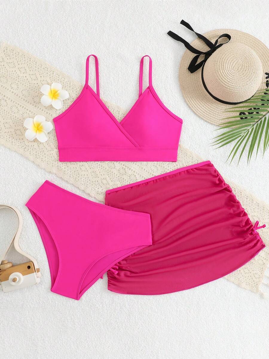 Teen Girls' Solid Color Minimalist Everyday Bikini Sets, 3pcs/Set - Hot Pink - View 1