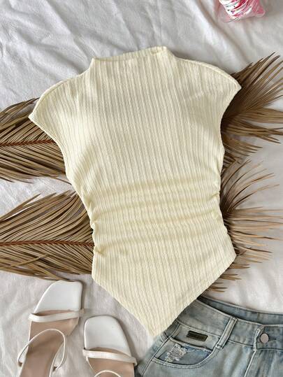 SHEIN Parte superior de manga corta con cuello de embudo ajustado, textura de punto, plisado y bajo asimétrico para niña preadolescente, adecuada para primavera/verano y vuelta al colegio, conjunto a juego con mamá