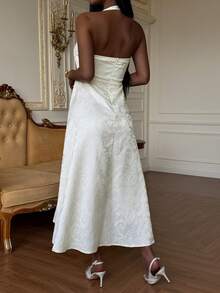 Livesso Women's Elegant Jacquard Backless Halter Dress, Summer - White - View 2