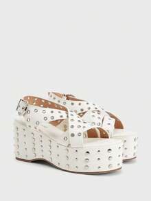 Sugerpunk Ladies, Spike Buckles, Lame-Heeled Platform Sandals. 2000s Style Summer Shoes - White - View 2
