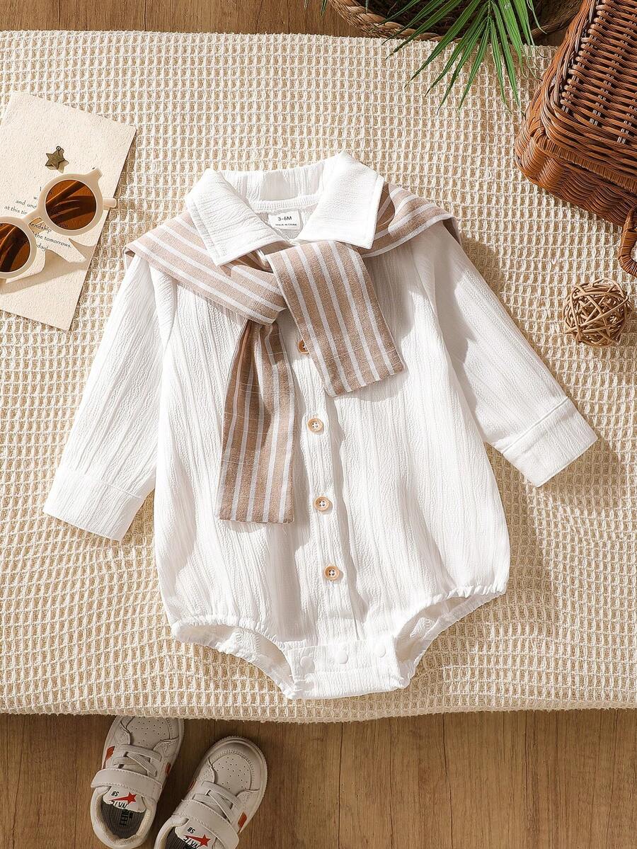 SHEIN Bộ áo liền quần tay dài cổ bẻ kẻ sọc mùa xuân cho bé trai, dáng rộng, thích hợp cho các hoạt động thường ngày, họp mặt gia đình, tiệc sinh nhật lần thứ nhất và chụp ảnh. - trắng - Xem 1