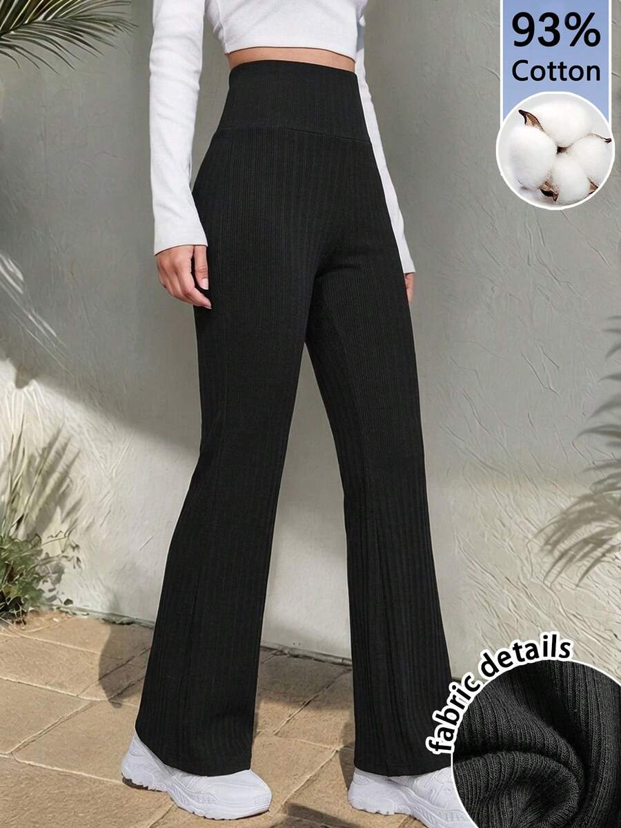 SHEIN EZwear 女士93%棉质罗纹休闲百搭黑色喇叭裤 - 春夏街头风、户外运动装、四季居家休闲装、返校季、复古Y2K软妹风、清新Z世代风,夏季骑行和瑜伽的理想之选 - 彩色 - 查看 1