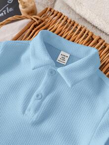 SHEIN 新生儿男女宝宝柔软舒适休闲白色短袖针织连体衣，适合室内、室外、日常穿着、运动、玩耍、派对、拍照、度假、节日、婚礼、迎婴派对、洗礼和一周岁生日等场合。 - 淺藍色 - 查看 6