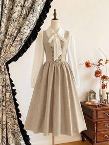 xheVintamour Vestido vintage elegante para mujer con bolsillos, cruzado, con cadena y botones metálicos, vestido informal para vacaciones de otoño.xhe - Albaricoque - Ver 5