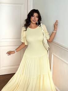 Vionelle Plus Size Spring/Summer Yellow Waist Slimming Ruffle Sleeve Layered Ruffle Hem Vacation Style Dress, Suitable For Daily Gatherings, Romantic Dates, Urban Outings, Travel Outings, Minimalist Fashionable Elegant Plus Size Women's Clothing - Light Yellow - View 5