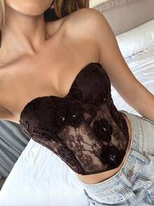 Aloruh Áo ngực màu đen gợi cảm có chi tiết ren dành cho nữ - Màu nâu  Mocha - Xem 4