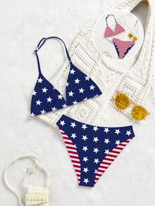 少女五件套泳衣，可调节挂脖上衣和三角泳裤，针织面料，随机星形和线条印花，休闲度假风，夏季海滩泳池派对假日装扮 - 彩色 - 查看 1