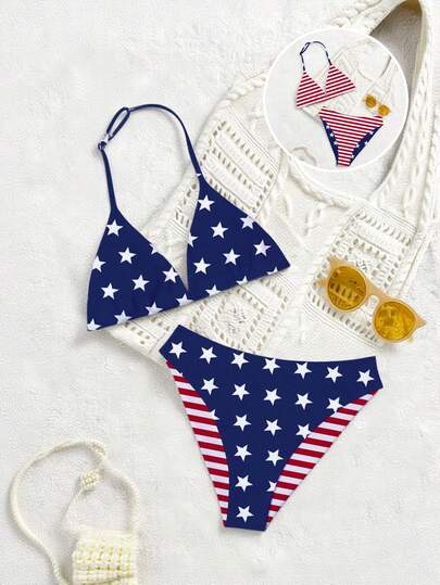 少女五件套泳衣，可调节挂脖上衣和三角泳裤，针织面料，随机星形和线条印花，休闲度假风，夏季海滩泳池派对假日装扮