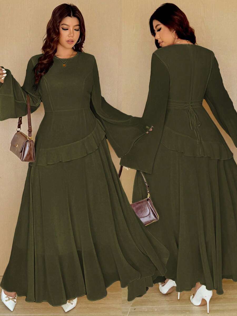 Vionelle Plus Size Elegant Ruffle Flare Sleeve Dress, Spring - Army Green - View 1