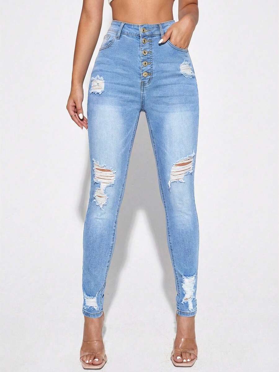 SHEIN ICON Casual Washed Distressed Slim Fit Denim Jeans - Blue - View 1